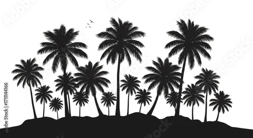 A cluster of palm trees creates a silhouette against a white background.