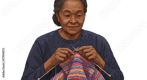 Elderly Woman Patiently Knitting Colorful Yarn Skillful Hands Creating Fabric Isolated Transparent Background Crafting Hobby