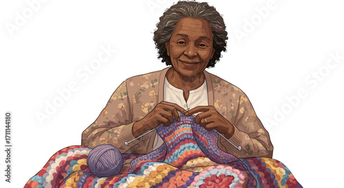 Elderly Woman Knitting Warm Colorful Blanket Peaceful Hobby Isolated Transparent Background