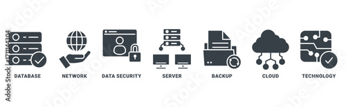 Data Center icon set vector concept with icon of database, network, data security, server, backup, cloud, technology 