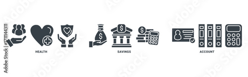 HSA ( health saving account ) icon set vector concept with icon of healthcare, growth, id card, accounting 