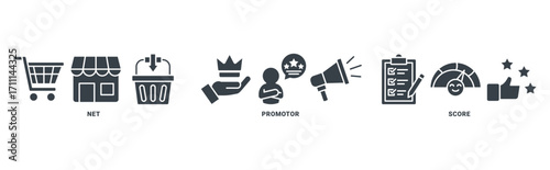 NPS (net promotor score) icon set vector concept with icon of shopping, customer, rating, like, premium, store, score 