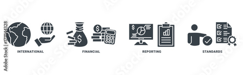 IFRS (international financial reporting standards) icon set vector concept with icon of global, network, economy, money, documents 