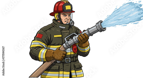 Brave Firefighter Douses Flames With Water Hose Isolated on Transparent Background