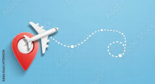 A small airplane follows a dotted flight path from a red location marker.