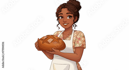 Smiling Baker Woman Holding Freshly Baked Round Artisan Bread Isolated on Transparent Background