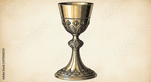 An ornate golden chalice with intricate carvings stands against a soft, textured background.