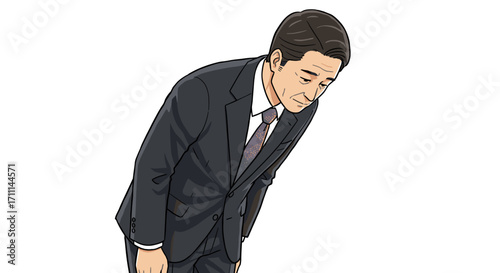 Japanese Businessman Bowing Respectfully Expressing Gratitude and Humility Isolated on Transparent Background