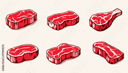 A vector illustration showcases various cuts of raw, red meat, perfect for culinary projects, food-related designs, and butcher shop promotions, presented on a neutral background.