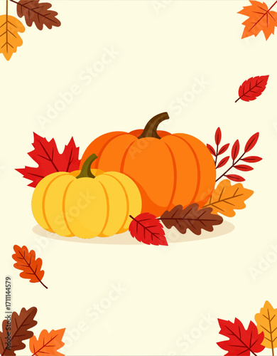 Two pumpkins surrounded by autumn leaves on a light background.