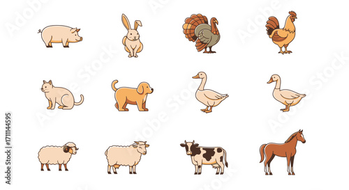 Collection of farm animals in a vector illustration, featuring a pig, rabbit, turkey, rooster, cat, dog, goose, sheep, cow, and horse, perfect for culinary projects.
