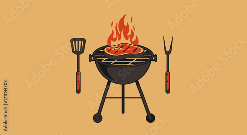 High-quality vector PNG illustration of a grilled steak on a barbecue grill with spatula and fork, perfect for restaurant menus, food blogs, and summer BBQ promotions.