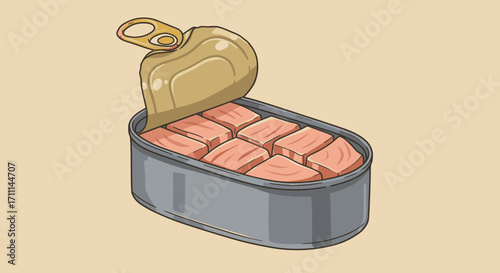 An illustrated vector image showcases a can of delicious, freshly cut meat, ready to be enjoyed, with a lovely beige background, perfect for culinary projects.