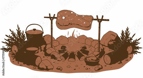 A primitive outdoor cooking scene featuring a large piece of meat roasting over a crackling campfire, depicted in a rustic vector illustration style.