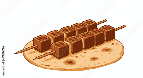 Illustration of two delicious meat skewers resting on a flatbread, showcasing a simple yet appealing culinary presentation in a vector format.