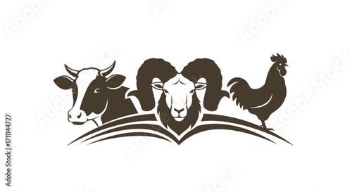 Farm animals including a cow, ram, and rooster, presented in a stylized vector graphic for food and meat industry branding.