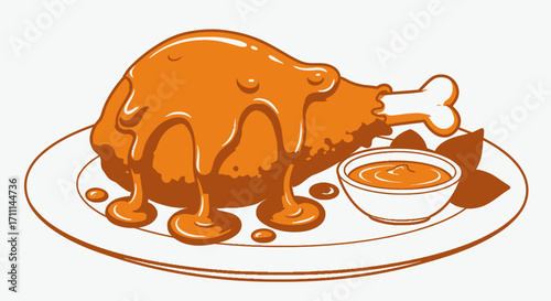 A delicious vector illustration of a roasted chicken drumstick generously covered in savory sauce, served on a plate with extra dipping sauce.