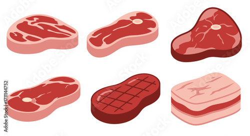 Collection of six different raw and grilled meat cuts, including steaks and bacon, presented as flat vector illustrations on a white background.