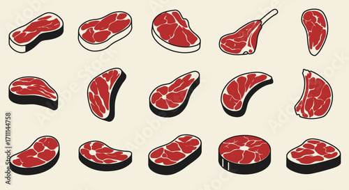 High-quality vector PNG illustrations of various cuts of meat, perfect for restaurant menus, butcher shop advertisements, or culinary websites.  These detailed images are ideal for creating visually