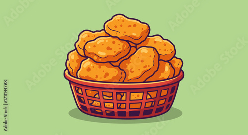A vibrant illustration showcases a basket overflowing with delicious, golden-brown chicken nuggets, perfect for fast food promotions and culinary-themed designs against a soft green backdrop.