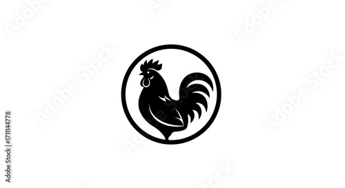 A bold black silhouette of a proud rooster within a circular frame, symbolizing farm animals and rustic charm.