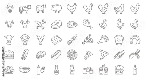 A comprehensive collection of outline vector icons illustrating various meat products, farm animals, and popular fast food items, suitable for diverse design projects.