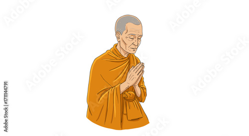 Elderly Buddhist Monk Praying With Hands Clasped in Reverence Isolated on Transparent Background