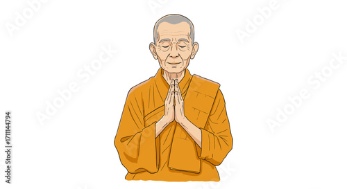 Serene Elderly Buddhist Monk Praying With Palms Together Isolated on Transparent Background