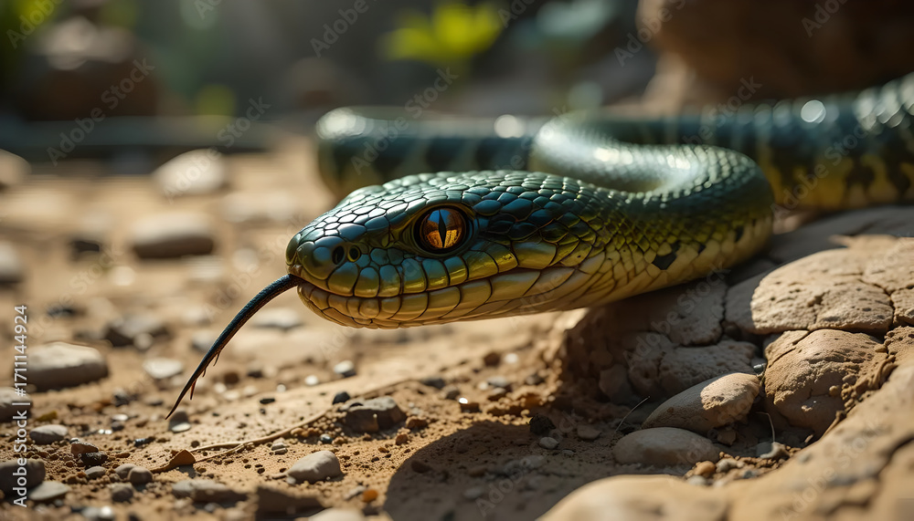 Obraz premium Close-up of a Green Serpent with a Forked Tongue