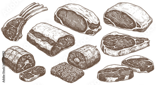 A detailed hand-drawn vector illustration showcases a variety of fresh meat cuts, including beef and lamb, presented in an elegant engraved vintage style.