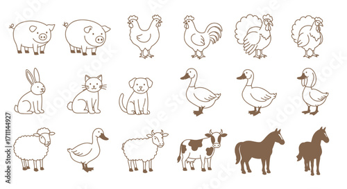 A charming collection of hand-drawn farm animal illustrations featuring pigs, chickens, turkeys, rabbits, cats, dogs, ducks, sheep, and cows in a clean vector style.