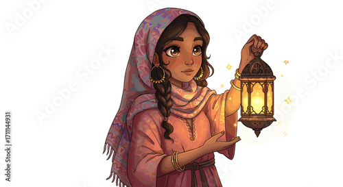 Young Muslim Woman Holding Glowing Lantern Ramadan Kareem Festive Celebration