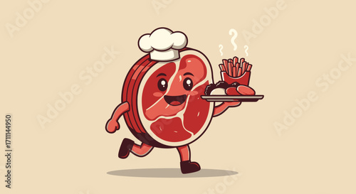 A cheerful cartoon meat character, wearing a chef's hat, runs with a tray of fries and a side dish in a delightful vector illustration.