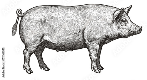 A detailed, black and white vector illustration of a pig, perfect for educational materials, food-related designs, or farm-themed projects, available in PNG format.