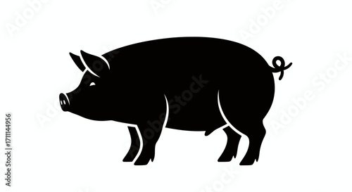 A sleek black pig silhouette stands prominently in a clean, minimalist vector graphic, perfect for farming, food, or animal-related design projects.