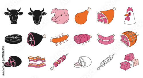 A vibrant collection of cartoon vector illustrations featuring various raw meat cuts, animal heads, and processed products like sausages and bacon.