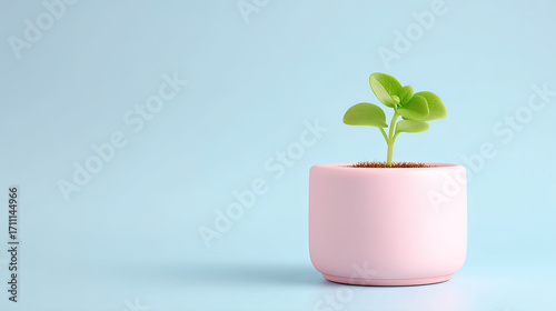 Wallpaper Mural Young plant sprouting from pink ceramic pot against light blue background, symbolizing growth and renewal. vibrant green leaves contrast beautifully with soft pastel colors, creating serene Torontodigital.ca