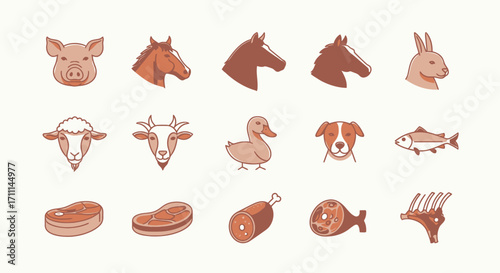 A collection of vector illustrations showcasing various animals and cuts of meat, perfect for culinary, farming, and food-related design projects, presented as a PNG file.