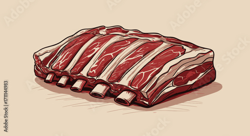Isolated vector illustration of a raw rack of ribs, showcasing the fresh meat and bone structure, perfect for culinary designs and barbecue-themed projects.