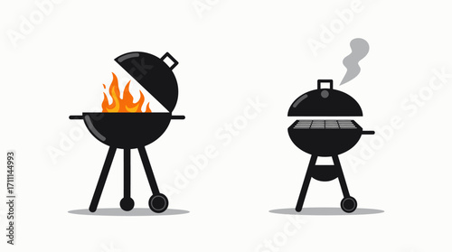 A pair of modern black charcoal barbecue grills, one open with vibrant flames and the other closed with smoke, presented as clean vector illustrations.