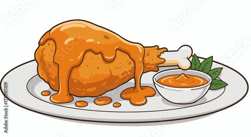 Savory roasted chicken leg with sauce, vector PNG illustration, perfect for restaurant menus, food blogs, and culinary websites.  High-quality image for commercial use.