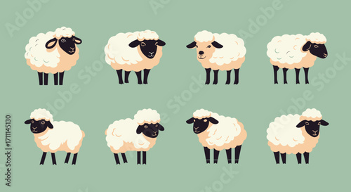 A vector illustration showcases a collection of adorable, fluffy sheep in various poses against a soft green background, perfect for children's designs and farm-themed projects.