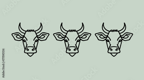 High-quality vector PNG illustration of three minimalist cow heads, perfect for branding, logos, and various design projects needing a clean, modern aesthetic. Download this versatile graphic for