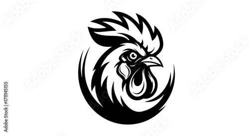 Bold black and white vector illustration of a rooster's head with a dynamic circular brush stroke design, perfect for logos and emblems.