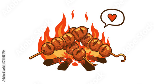 A delightful vector illustration depicts a barbecue scene with skewers of grilled meat over a roaring fire, complete with a thought bubble expressing love for the delicious meal.