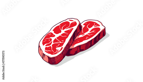 A pair of fresh, raw red meat cuts, resembling beef steaks or pork chops, is depicted in a vibrant vector illustration, isolated on a clean white background.