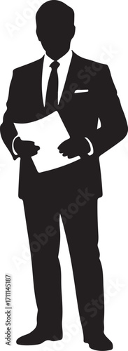 Black silhouette of a man in a suit holding papers shirt