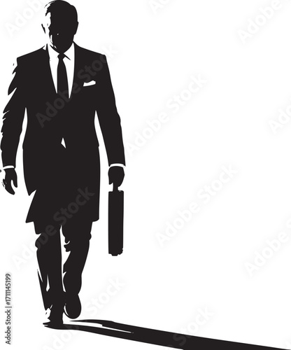 Black silhouette of a man in a suit walking with a briefcase vector