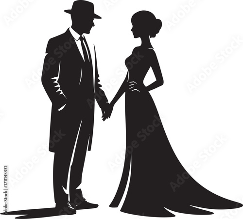 Elegant couple holding hands silhouette woman