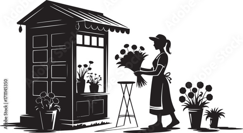 Flower seller arranging bouquet at stall silhouette flowers